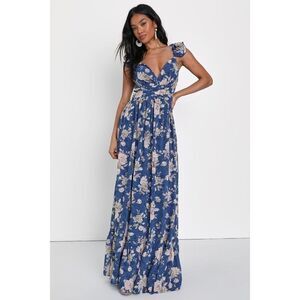 Lulus Soiree Celebration Blue Floral Ruffled Lace-up Maxi Dress - Size S
